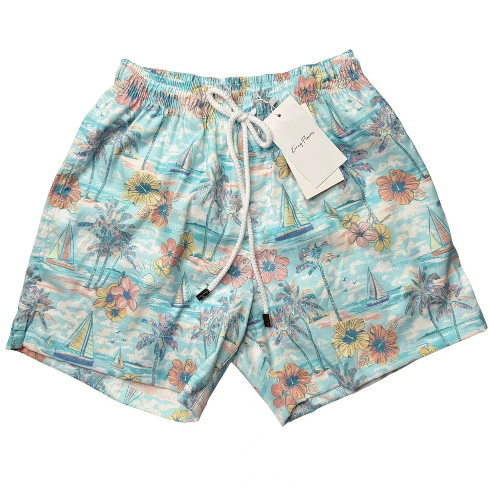 Kenny Flowers The BVIs Swim Trunks Men Small Light Blue Tropical Sailboat NEW